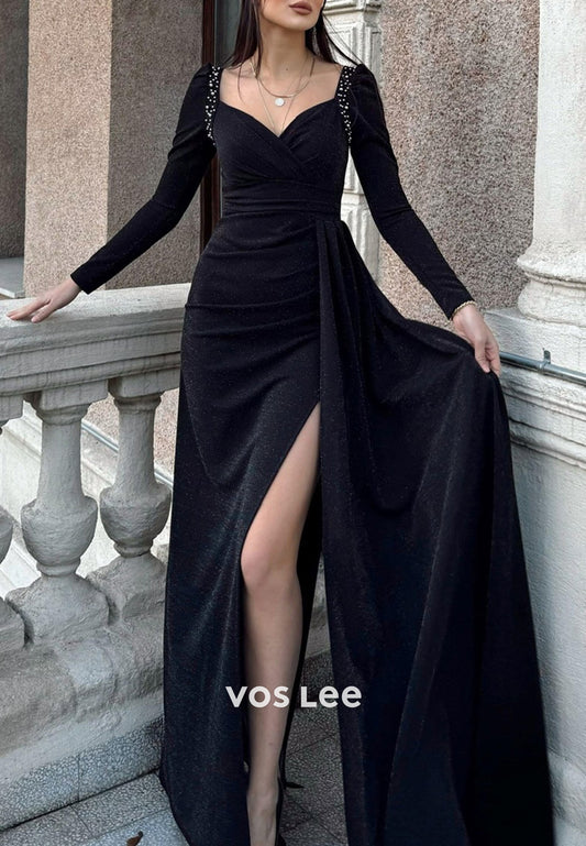 Long Sleeve V Neck Beaded Floor-Length Sheath Evening Dresses with Side Split