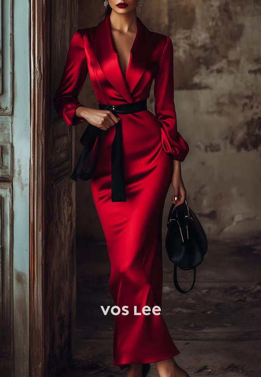 Long Sleeve V Neck Ankle-Length Empire Waist Pleated Mermaid Wedding Guest Dresses