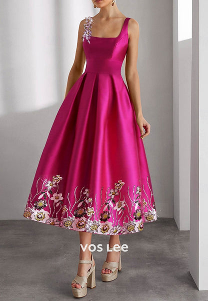 Glamorous & Dramatic A-Line Square Appliqued Pleated Evening Dresses