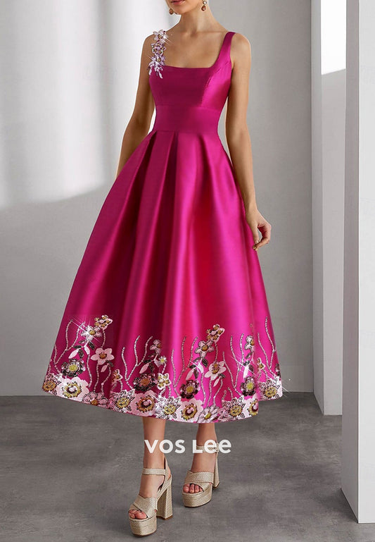 Glamorous & Dramatic A-Line Square Appliqued Pleated Evening Dresses