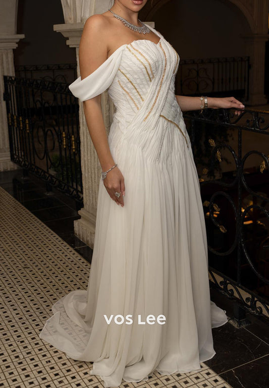 A-Line Sweetheart Beaded Pearl Embellished Evening Dresses with Sweep Train