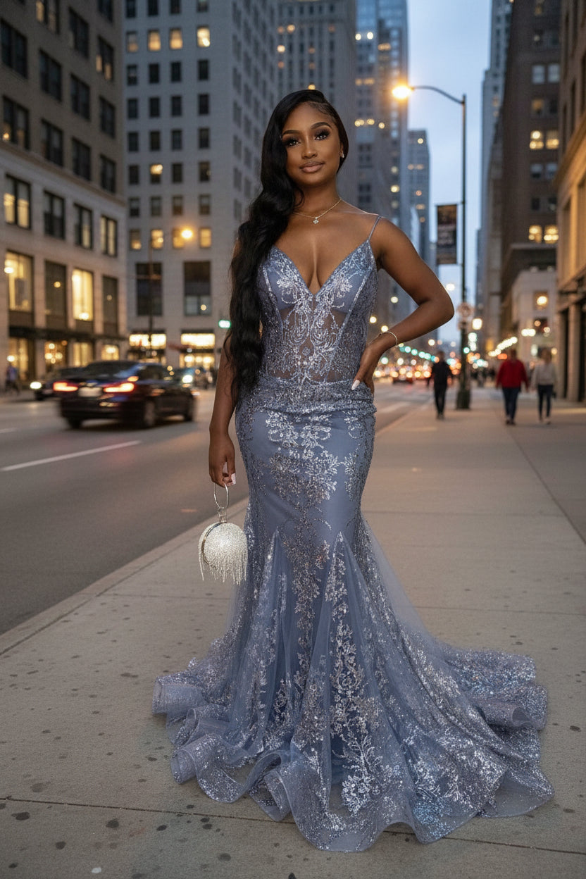 Gray Lace Appliques Spaghetti Straps Mermaid Prom Dress