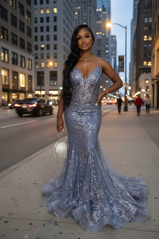 Gray Lace Appliques Spaghetti Straps Mermaid Prom Dress