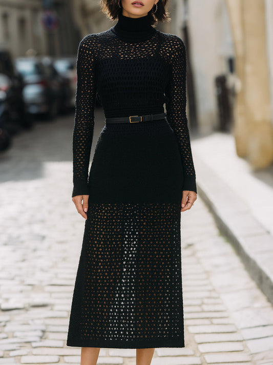 Crochet Turtleneck Midi Dress With Lining And Belt