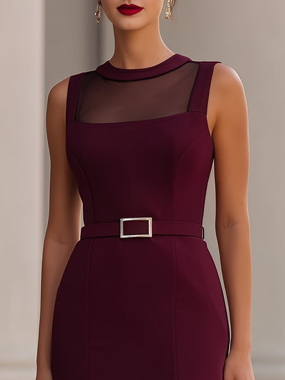 Burgundy Sheer Mesh Panel Sleeveless Belted Mini Bodycon Dress