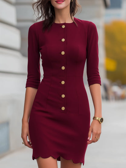 Button-Front Structured Dress With Scalloped Hem