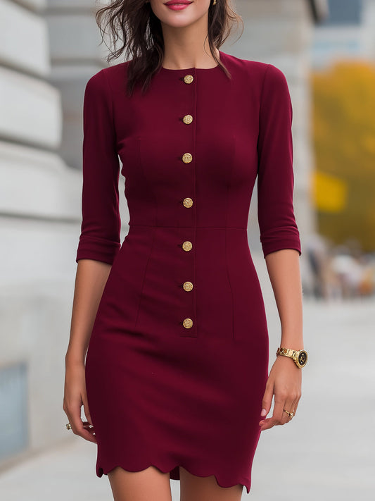 Button-Front Structured Dress With Scalloped Hem