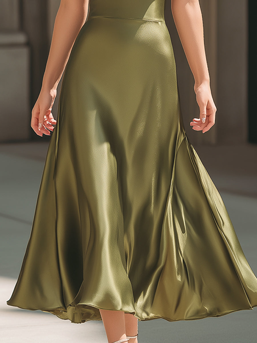 V-Neck Satin Halter Neck A-Line Midi Dress