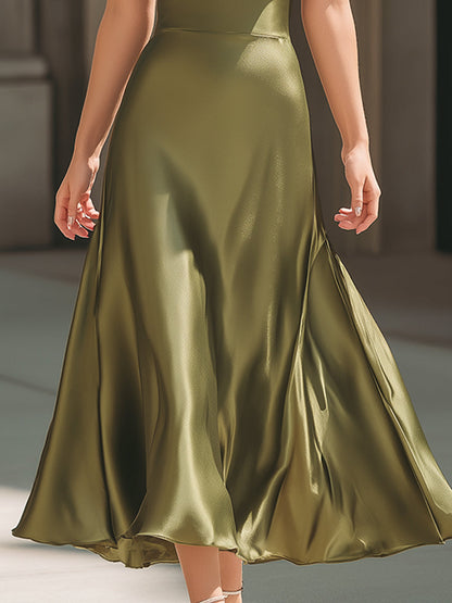 V-Neck Satin Halter Neck A-Line Midi Dress
