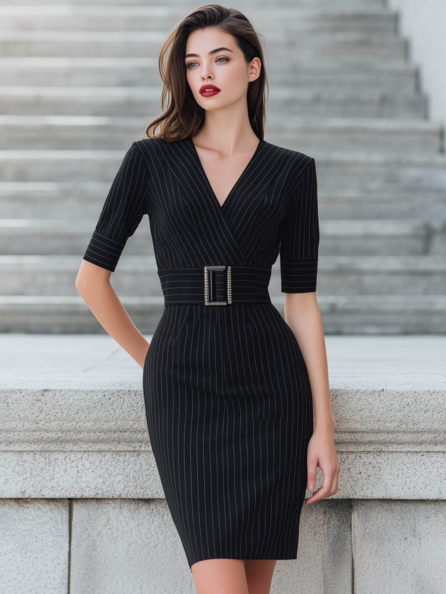 Pinstripe Belted V-Neck Pencil Dress