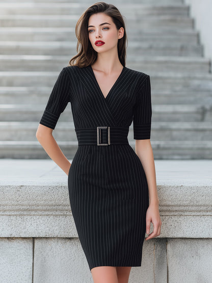 Pinstripe Belted V-Neck Pencil Dress