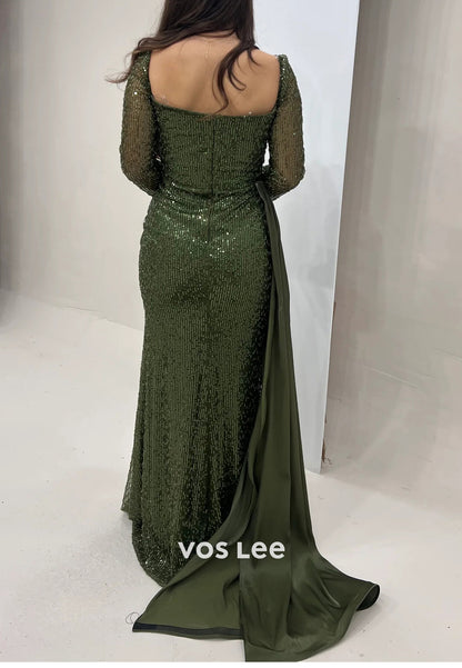 Long Sleeve Sweetheart Fully Sequined Beading Mermaid Evening Dresses with Sweep Train
