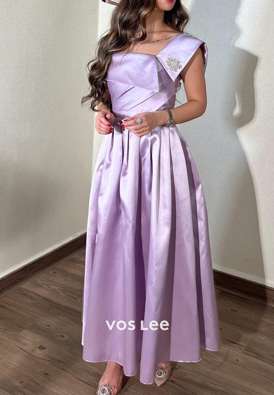 Lilac A-Line Asymmetrical Neck Rhinestone Embellished Evening Dresses
