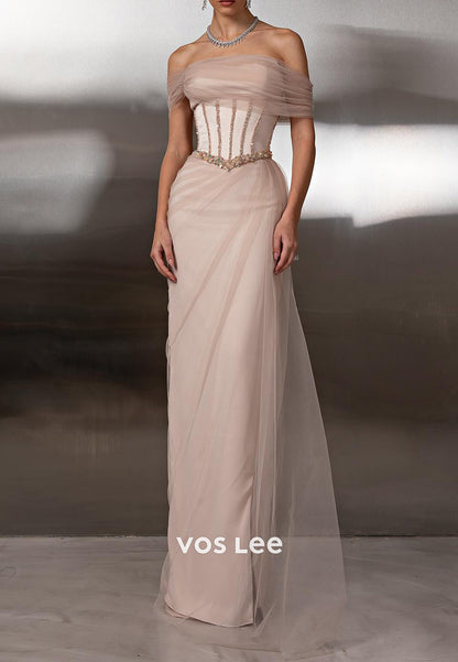 Tulle Off the Shoulder Sequins Embellished Floor-Length Prom Dresses