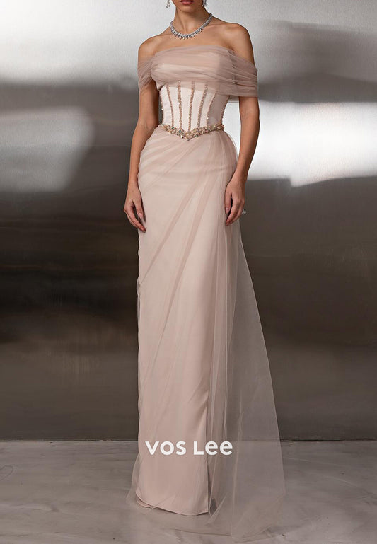 Tulle Off the Shoulder Sequins Embellished Floor-Length Prom Dresses