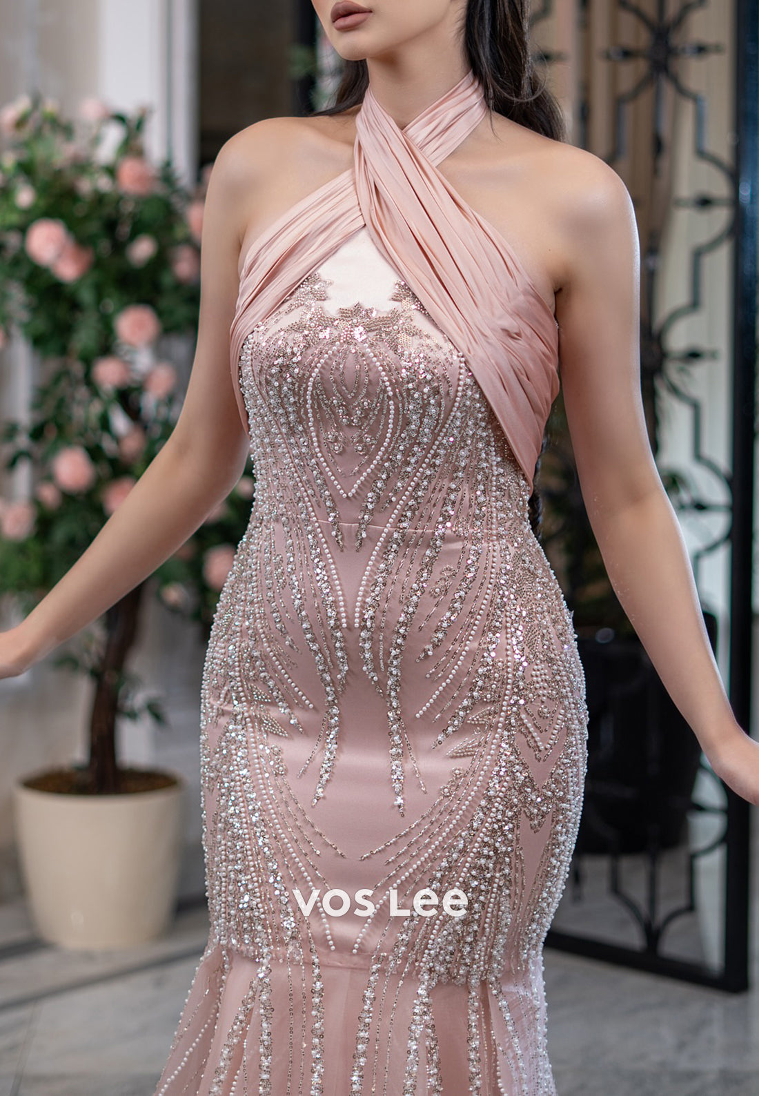 Pink Halter Sequins Rhinestone Pleated Trumpet Evening Dresses