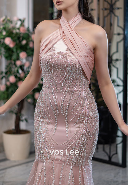 Pink Halter Sequins Rhinestone Pleated Trumpet Evening Dresses