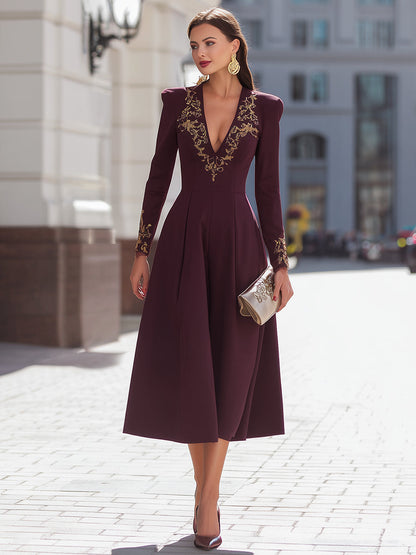 Embellished Burgundy Long-Sleeve Midi Dress