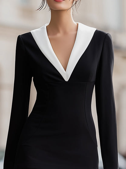 Elegant Black And White Contrast Mini Dress With Pleated Hem