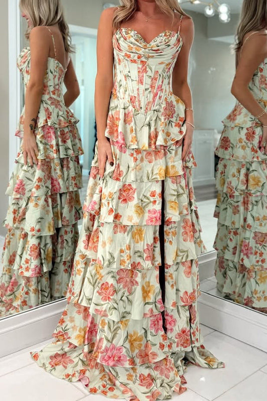 Fashion A Line Sweetheart Floral Chiffon Prom Dress with Slit