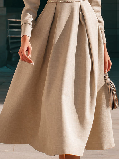 Pleated Midi Dress With Pearl-Trim Waistline