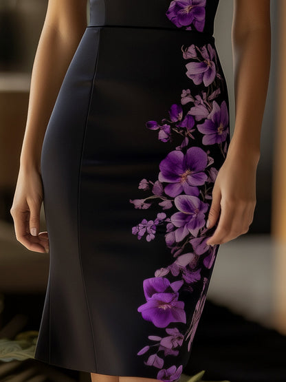 Black Floral Satin Bodycon Midi Dress