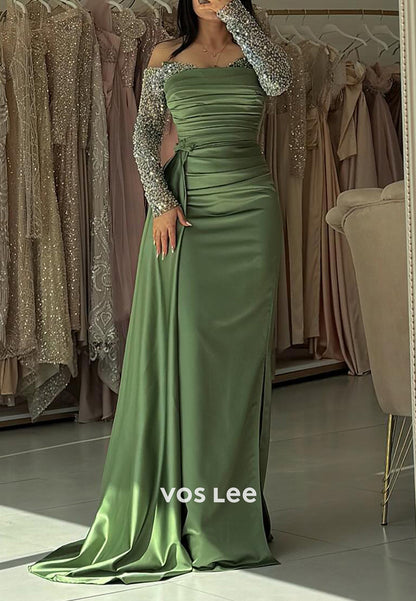 Long Sleeve Sequined Tube Top Pleated Mermaid Evening Dresses with Sweep Train