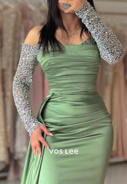 Long Sleeve Sequined Tube Top Pleated Mermaid Evening Dresses with Sweep Train