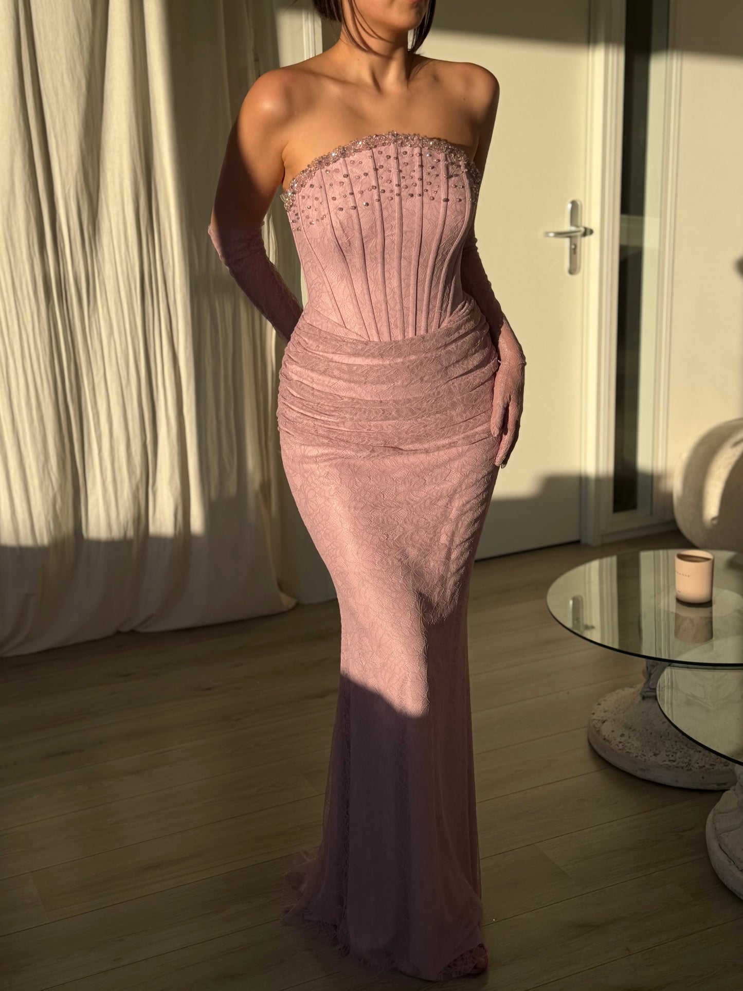 Dusty Pink Tube Top Pearl Beaded Structured Bodice Formal Dress with Mermaid Hem