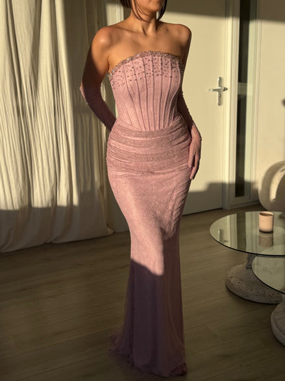 Dusty Pink Tube Top Pearl Beaded Structured Bodice Formal Dress with Mermaid Hem