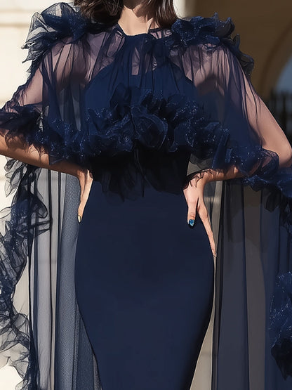 Midnight Elegance Ruffled Sheer Cape Gown