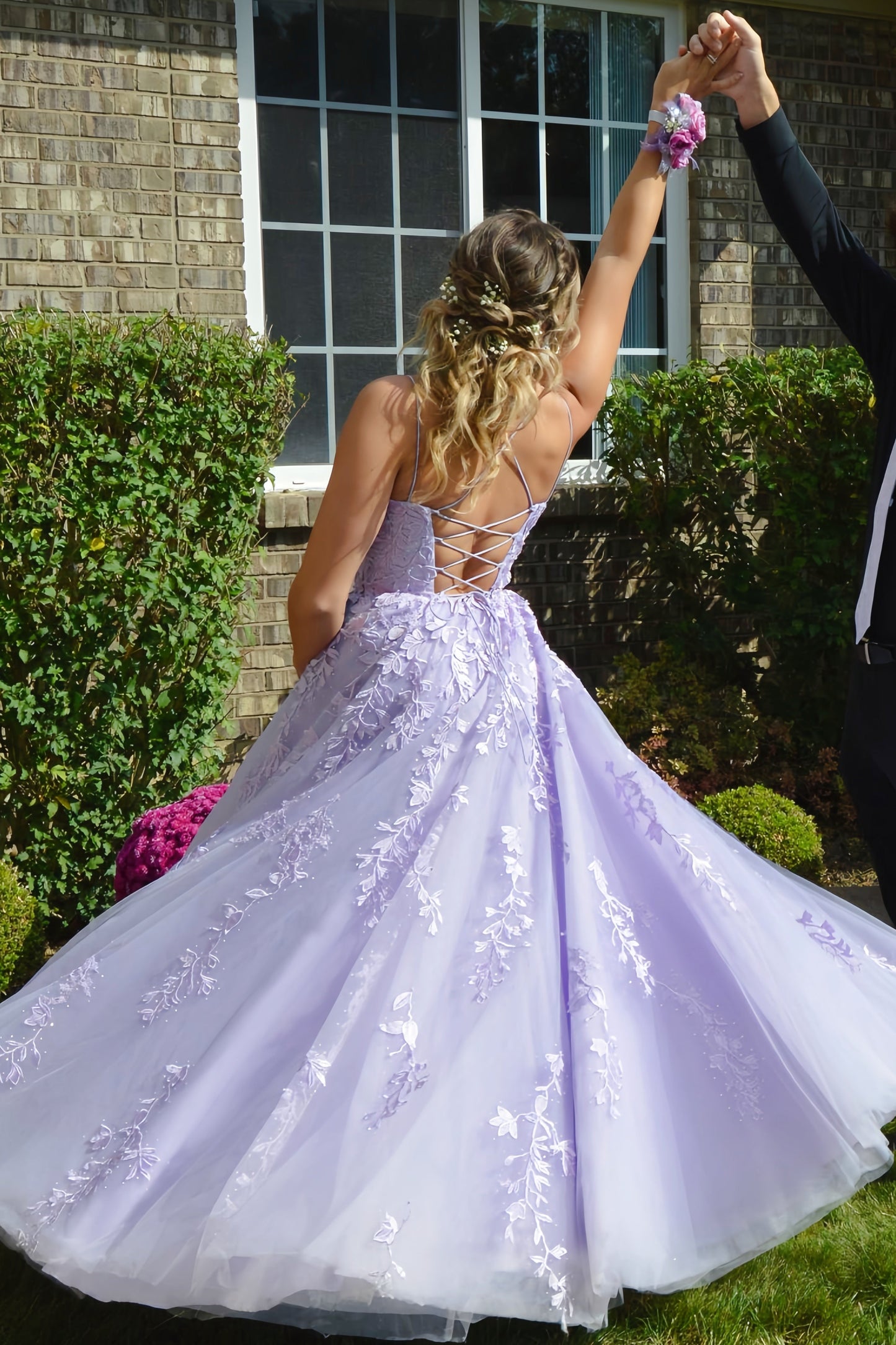 Lavender Lace Appliques A-line Long Prom Dress