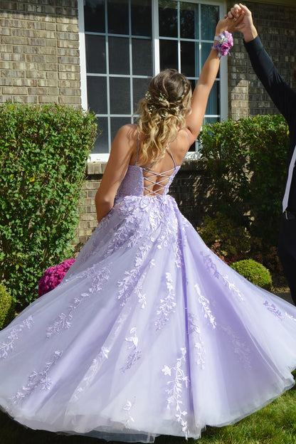 Lavender Lace Appliques A-line Long Prom Dress