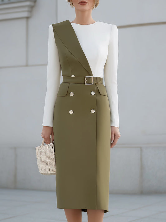 Olive Green And White Asymmetric Panel Belted Midi Dress