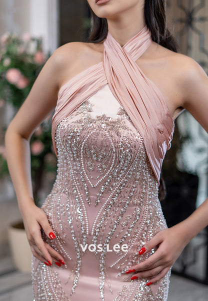 Pink Halter Sequins Rhinestone Pleated Trumpet Evening Dresses