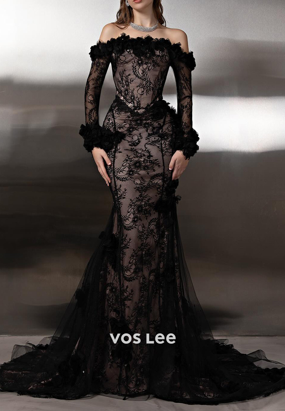 Black - Off the Shoulder Long Sleeve Mermaid Evening Gowns with Sweep Train