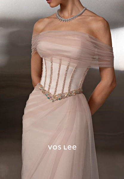 Tulle Off the Shoulder Sequins Embellished Floor-Length Prom Dresses