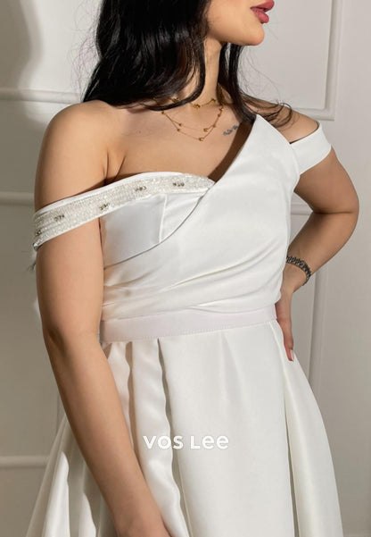 White A-Line Off the Shoulder Beaded Pleated Satin Evening Dresses