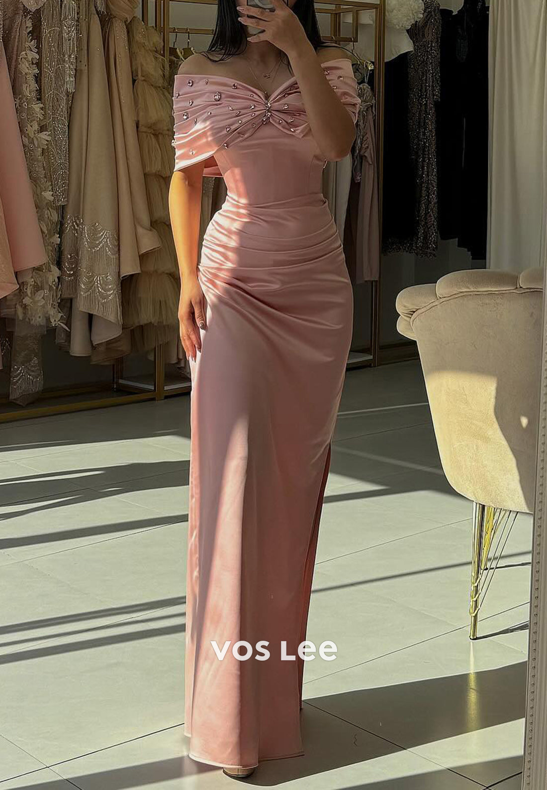 Off the Shoulder Rhinestone Bowknot Pleated Mermaid Prom Dresses with Side Split