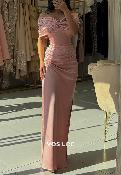 Off the Shoulder Rhinestone Bowknot Pleated Mermaid Prom Dresses with Side Split