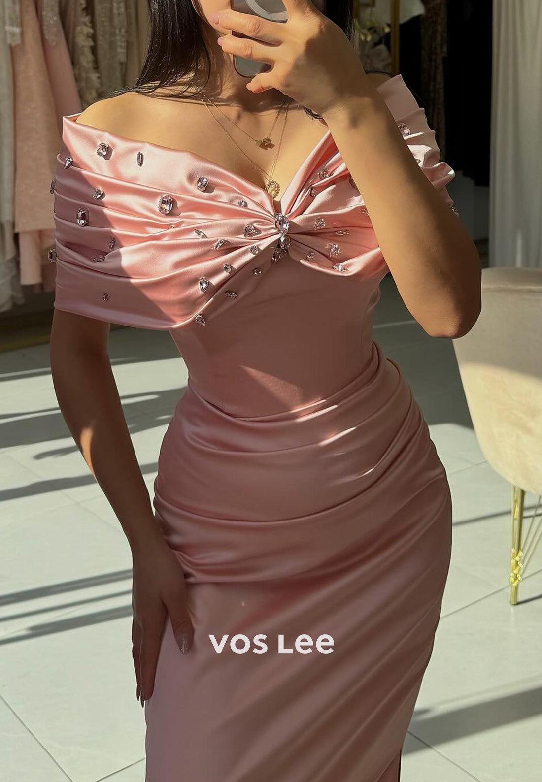 Off the Shoulder Rhinestone Bowknot Pleated Mermaid Prom Dresses with Side Split