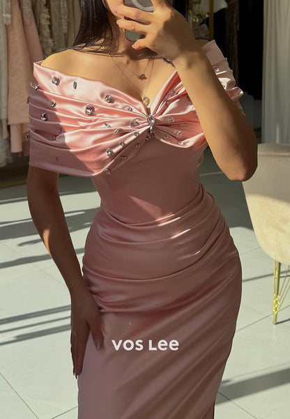 Off the Shoulder Rhinestone Bowknot Pleated Mermaid Prom Dresses with Side Split