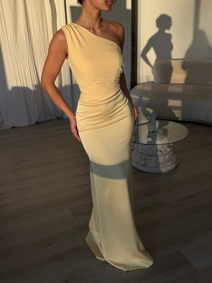 Baby Blue One Shoulder Draped Satin Sheath Gown with Flared Hem
