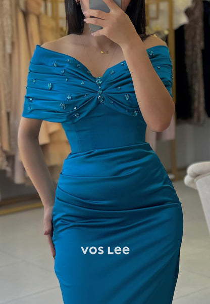 Off the Shoulder Rhinestone Bowknot Pleated Mermaid Prom Dresses with Side Split