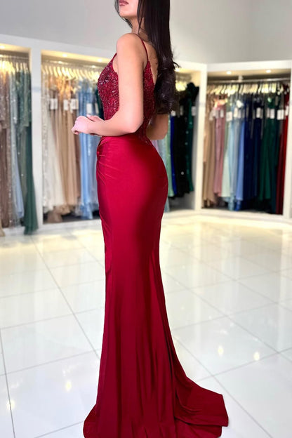 Burgundy Spaghetti-Straps V-Neck Evening Gowns Sleeveless Mermaid With Split Appliques