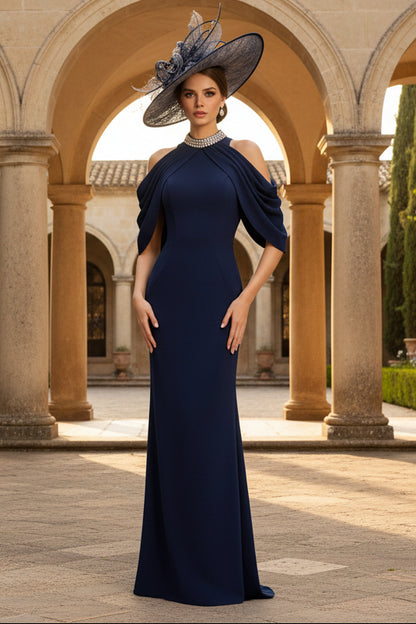 Navy Cold Shoulder Formal Gown With Beaded High Neck
