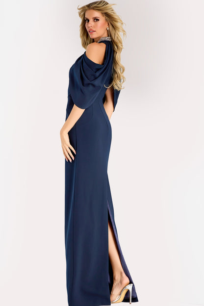 Navy Cold Shoulder Formal Gown With Beaded High Neck