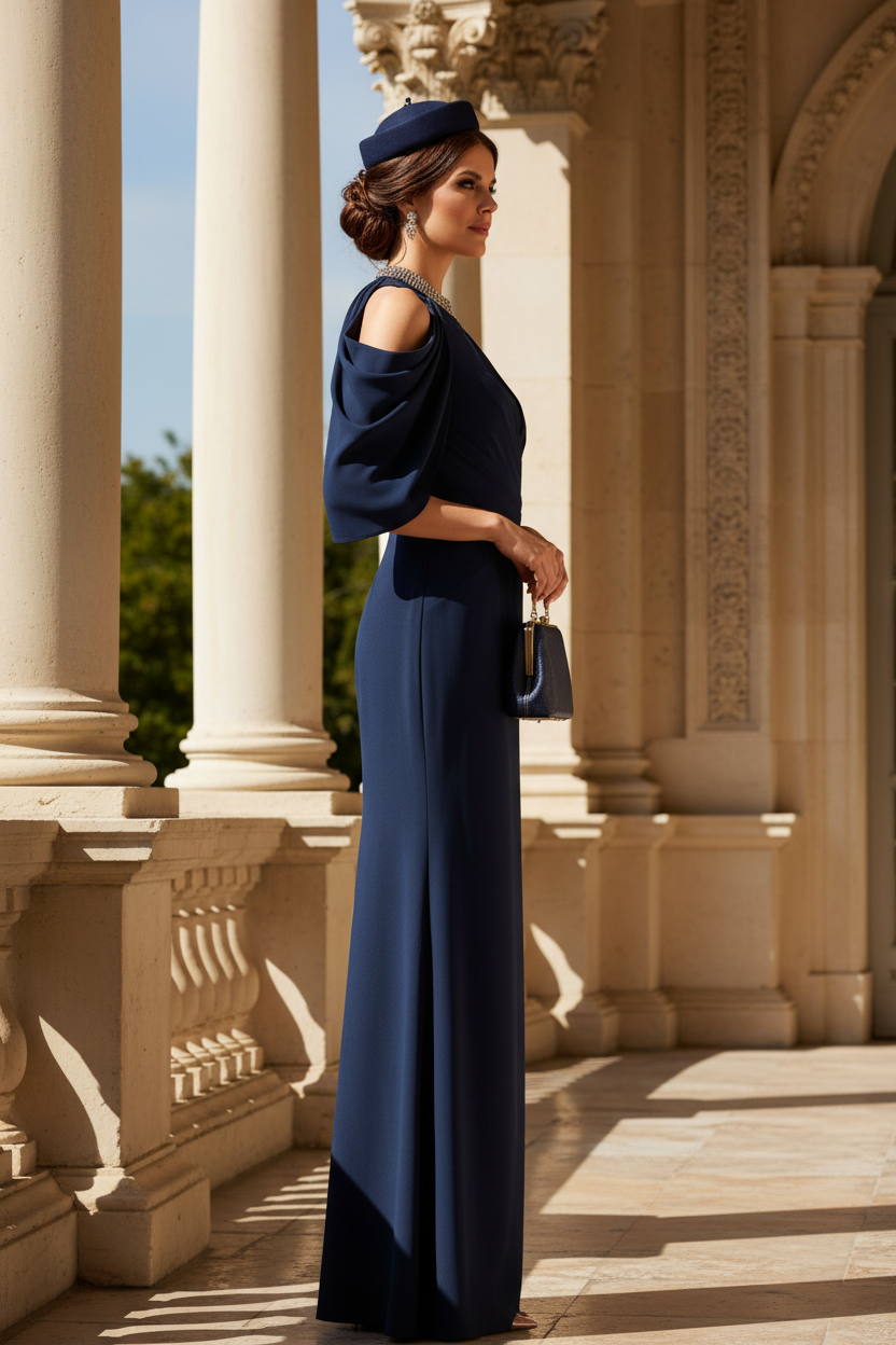 Navy Cold Shoulder Formal Gown With Beaded High Neck