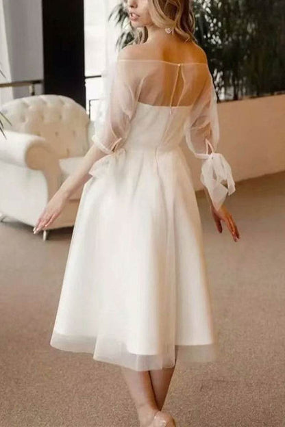A-Line Tea Length Tulle Satin Little White Dress