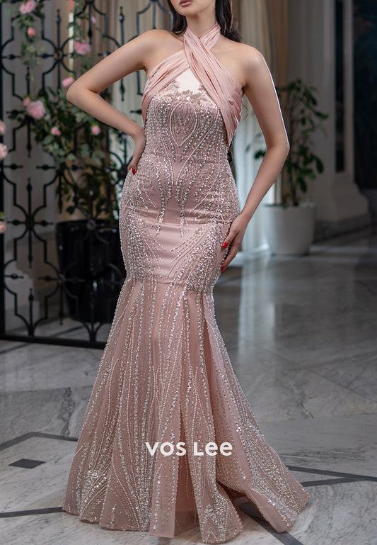 Pink Halter Sequins Rhinestone Pleated Trumpet Evening Dresses